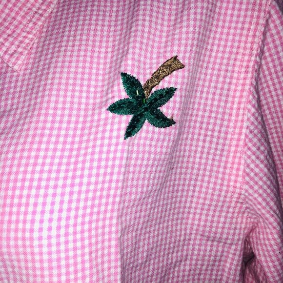 Quaker Factory Womens M Shirt Pink Checkered Flamingo Palm Trees Long Sleeve - Picture 3 of 9